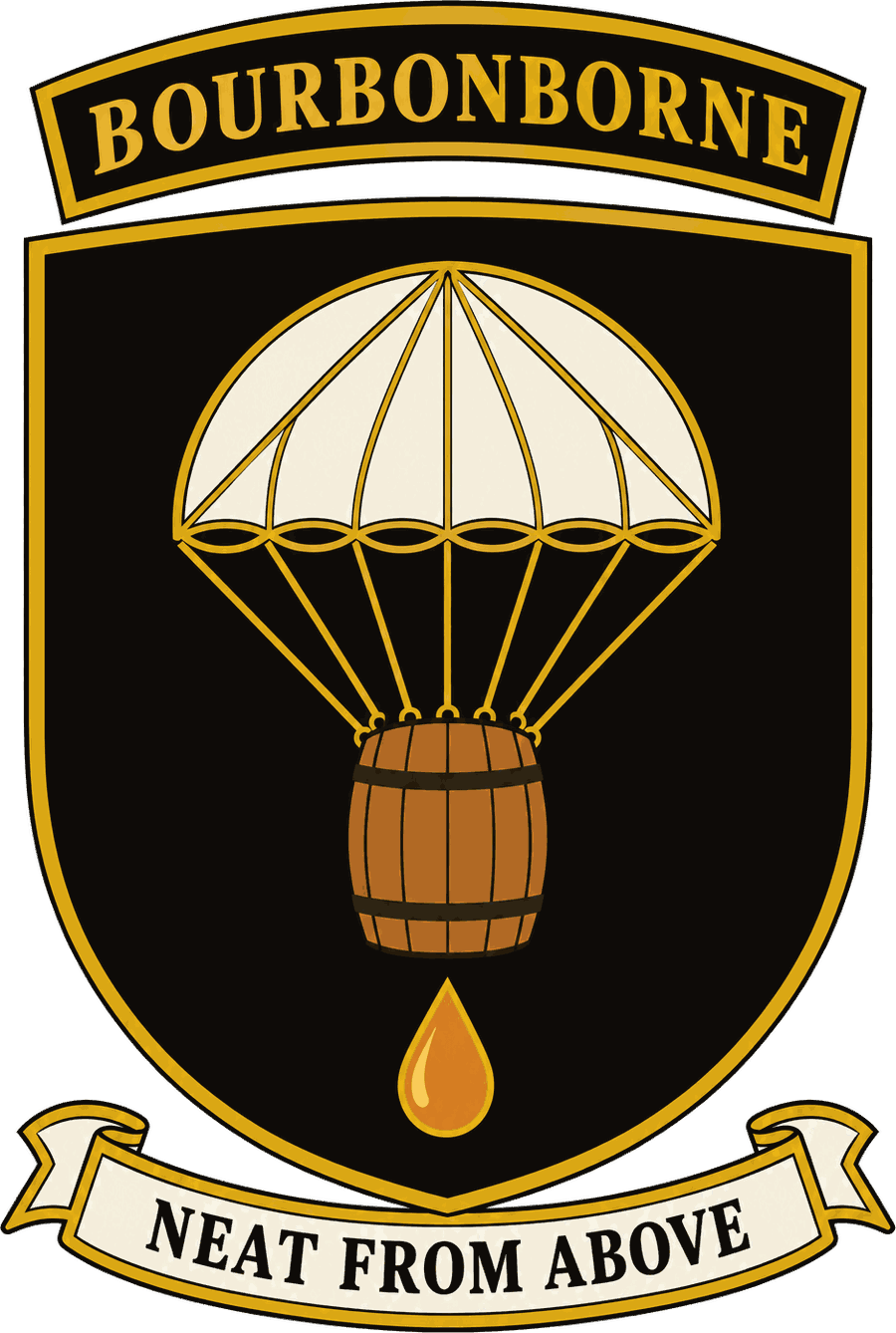 101st Bourbonborne Division insignia: a bourbon barrel descending by parachute
